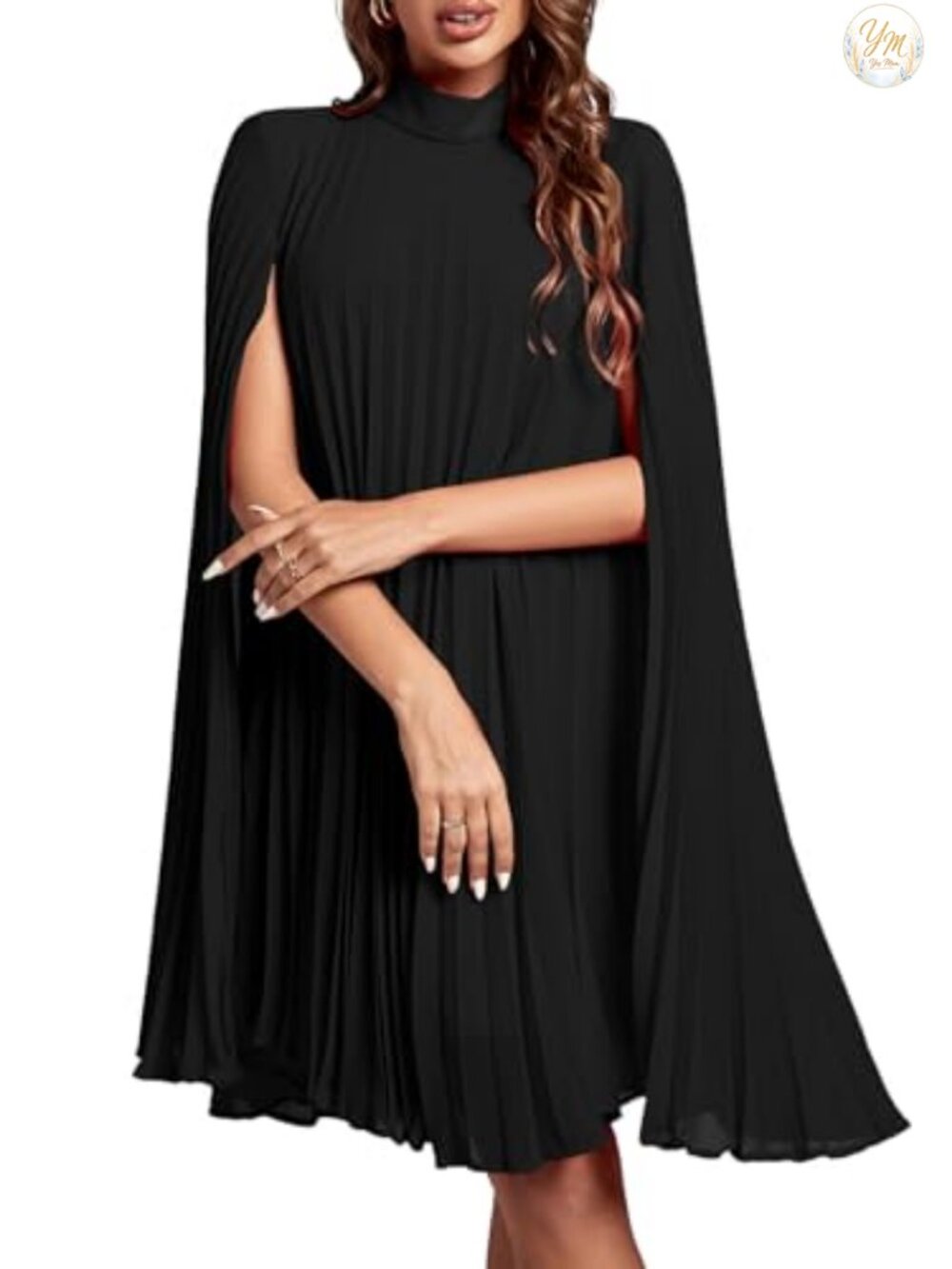 Womens Mock Neck Pleated Midi Dress Long Sleeve Cocktail Party